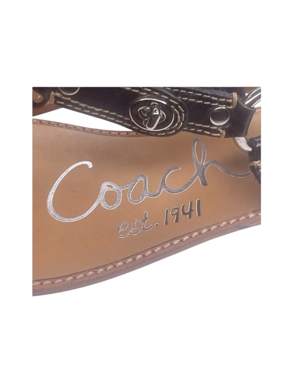 Deadstock: new Coach ࿌ Raiven Hardware Turnlock Flat Sandals ࿌ Black Leather ࿌ - Picture 8 of 16